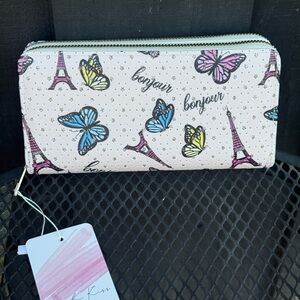NET Blush KISS Butterfly & Eiffel Print Double Zip Wallet w/glitter stars ✨